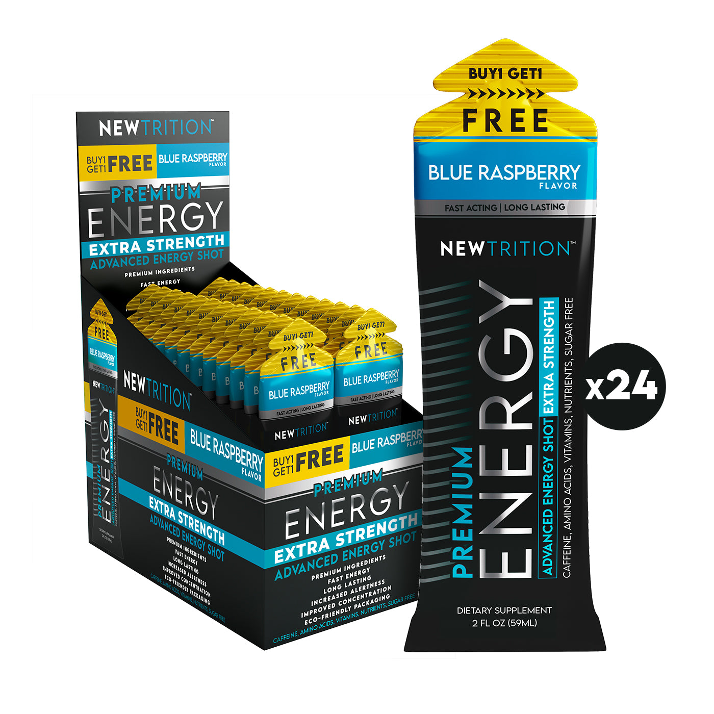 NewTrition Energy Shot Extra Strength Blue Raspberry Buy 1 Get 1 FREE - 12Ct