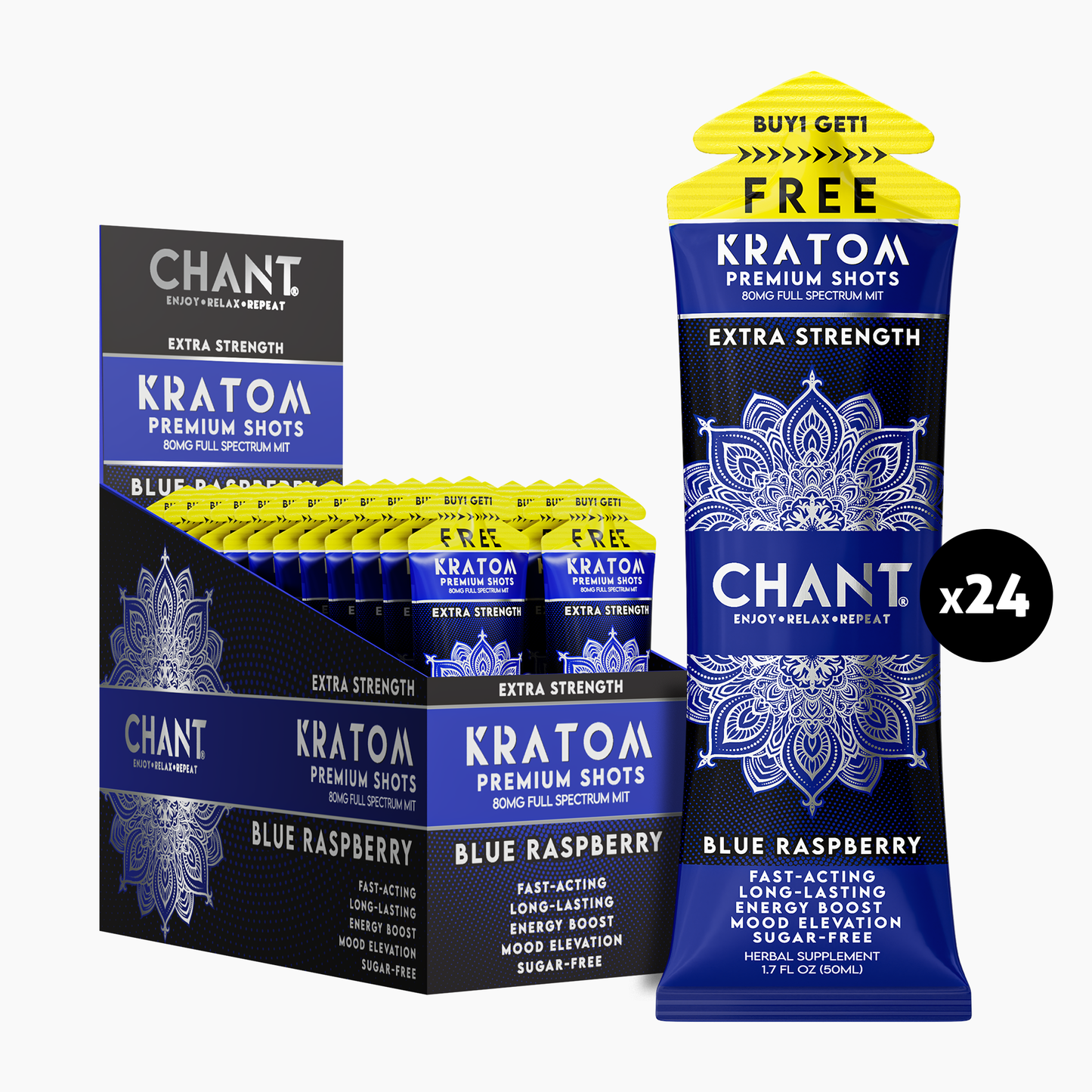 Chant Kratom Shot 80 MIT Blue Raspberry Buy 1 Get 1 FREE – 12 Ct