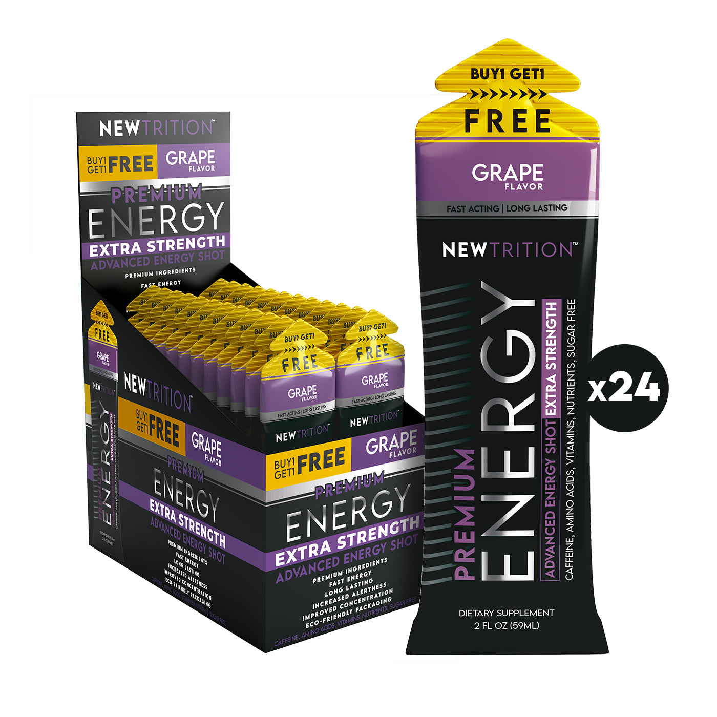 NewTrition Energy Shot Extra Strength Grape Buy 1 Get 1 FREE - 12Ct