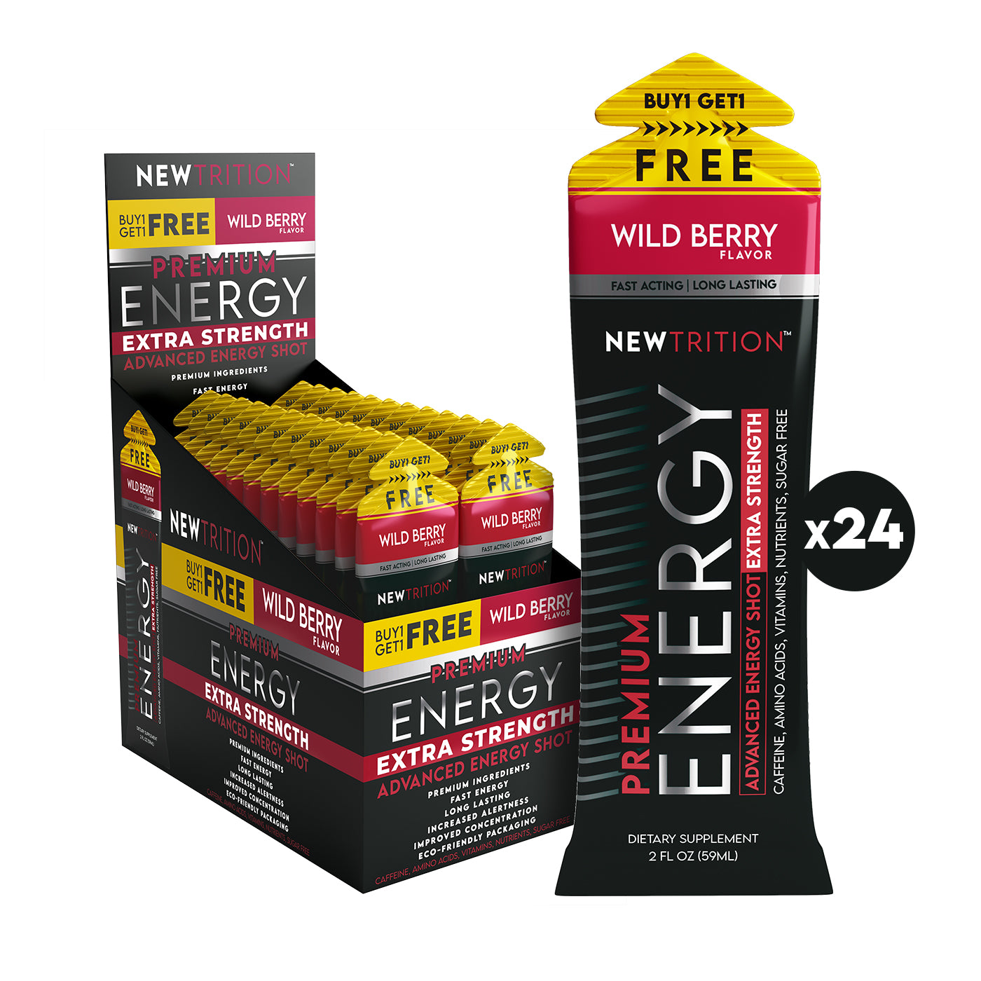 NewTrition Energy Shot Extra Strength Wild Berry Buy 1 Get 1 FREE - 12Ct